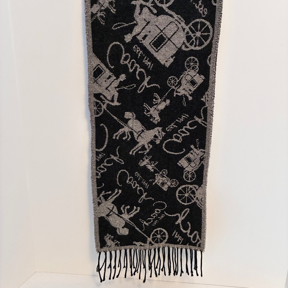 Coach Horse & Carriage Motif Black Gray Reversible Wool Cashmere Muffler Scarf - Picture 4 of 8